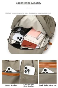 Detail of khaki nylon backpack interior showing multi-compartment storage and brown leather trim
