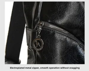Macro detail of high-quality electroplated silver zipper and texture on black leather bag