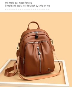 Detail of a brown lychee pattern PU leather backpack with a kangaroo logo and zippers