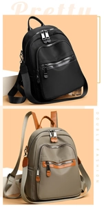 Detail of high-density nylon backpack with waterproof zippers and leather accents
