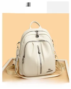 Close-up of beige lychee grain PU leather backpack with multiple metal zipper pockets