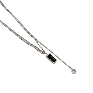 Double-layer silver chain necklace with black rectangle pendant and zircon stone
