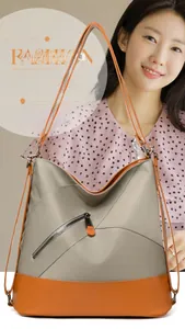 Dettaglio della borsa a spalla in nylon con tracolla arancione e tasca con zip