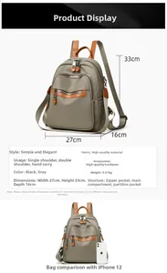 Detailed size specifications for grey nylon backpack with brown leather accents
