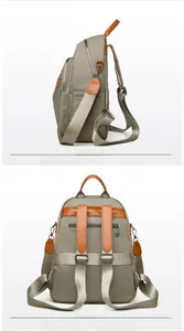Side and back views of a nylon backpack with leather trim and multiple zip pockets