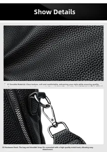 Detail showing litchi grain PU leather texture and detachable silver metal hook on women bag