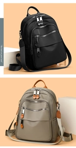 Dual-view of black and khaki nylon backpacks with multiple compartments and wide straps