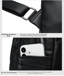 Detail of durable metal rings and side pocket on black lychee pattern leather backpack