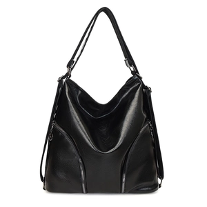 Retro black faux leather multi-purpose backpack and shoulder bag with silver zippers