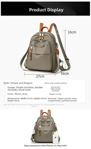 Detailed size specifications of the grey casual backpack showing dimensions and weight