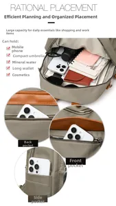 Detailed layout of gray-brown nylon backpack with multi-pocket storage and large capacity