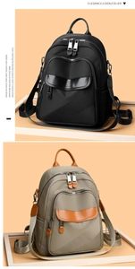 Detail showing two nylon backpacks in black and khaki color contrast with adjustable straps