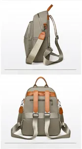 Detailed view of khaki backpack showing back anti-theft pocket and side profile view