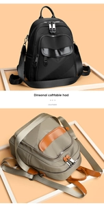 Detail view of large nylon backpack featuring trendy color contrast and zipper pockets