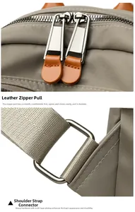Close-up of leather zipper pulls and silver-plated metal buckles on khaki nylon backpack