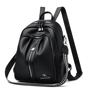 Fashionable black lychee grain PU leather backpack with multi-zippered pockets for women