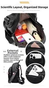 Detailed view of black pebbled leather backpack showing multi-pocket storage for tablets