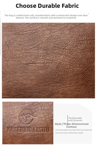 Close-up of brown pebbled leather texture and embossed kangaroo logo on a handbag