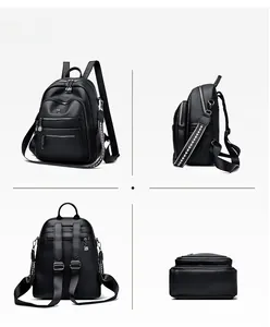 Detailed views of a black pebbled leather backpack with multiple zip pockets and woven strap