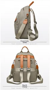 Detail of khaki nylon backpack featuring brown leather handle and anti-theft back pocket