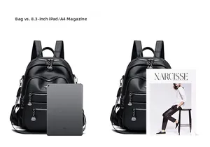 Black leather backpack showing capacity with 8.3-inch iPad and A4 magazine size