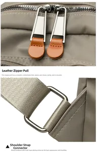 Detail of premium nylon backpack featuring leather zipper pulls and durable metal hardware