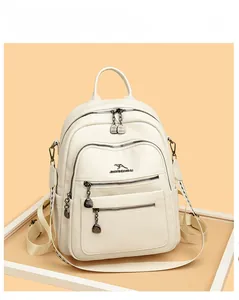Macro view of creamy white leather backpack with lychee grain and dark hardware detail