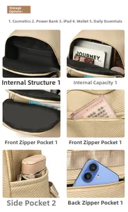 Detail view of large beige woven backpack featuring multi-pocket storage for iPad