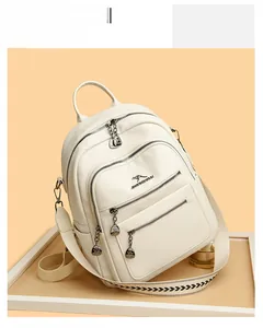 Close-up of white lychee pattern leather backpack with metal logo and wavy wide strap