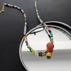 Titanium Steel Heart Pendant Necklace With Colorful Beaded Retro Niche Design Clavicle Chain Jewelry For Women