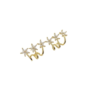 Elegant gold flower ear climbers with three sparkling cubic zirconia blossoms on white background