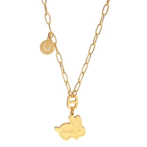 Collana in acciaio inossidabile dorato con ciondolo a coniglio 'luck' e 'U'
