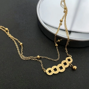 Layered Anklet With Ancient Chinese Coins And Gold Beads Titanium Steel Retro Ethnic Foot Jewelry For Women