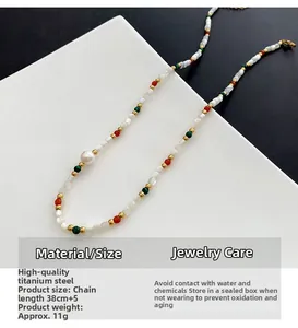 Detail of freshwater pearl necklace with colorful beads and durable titanium steel material