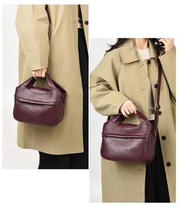 Detailed views of burgundy leather tote handbag shown in hand-held and shoulder-carry modes
