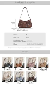 Detailed size chart for retro PU leather shoulder bag with rivet accents and dimensions