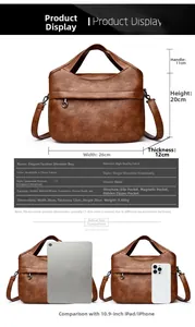Size comparison of the brown retro handbag with a 10.9-inch iPad and internal pockets