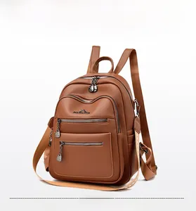 Detailed front view of tan brown leather backpack with multiple zipper compartments