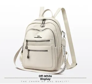 Detail of off-white leather backpack with silver zippers and woven patterned shoulder strap