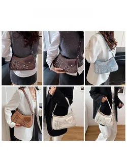 Detailed multi-angle view of retro asymmetric saddle bags in four colors on models