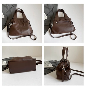 Detailed views of dark brown leather tote bag with adjustable strap and zip pocket