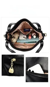 Macro detail of spacious bucket bag interior with multiple compartments and gold hardware