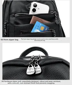 Close-up of leather backpack front pocket with silver kangaroo zippers and textured finish