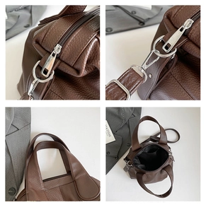 Detailed views of dark brown litchi leather bag with silver hardware and interior pocket