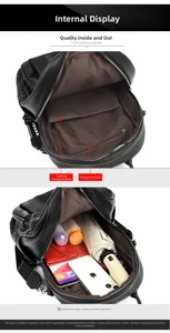 Detail view of large capacity black leather backpack with internal pockets and laptop sleeve