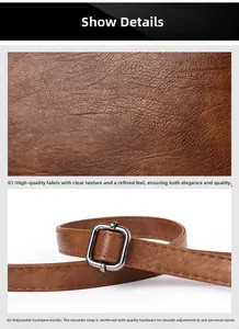 Detail of lychee pattern brown leather texture and adjustable silver metal strap buckle