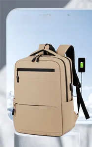 Detail view of khaki business backpack with external USB port and waterproof fabric