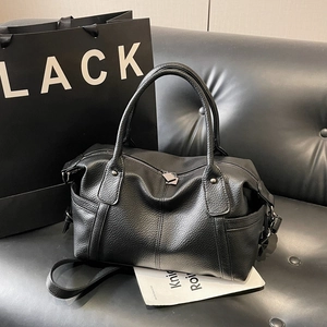Classic black litchi pattern Boston tote bag with thick handles and adjustable strap