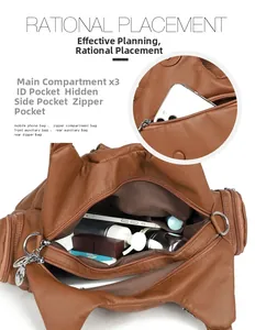 Dettagli interni della borsa marrone in pelle lavata con più scomparti e tasche utili
