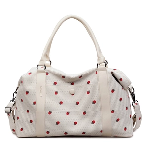 Large capacity canvas travel bag with sweet strawberry print and adjustable shoulder strap
